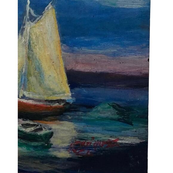 Early 21st Century Argentine Small Oil on Board Boats on the Lake Artist Signed - Picture 5 of 13